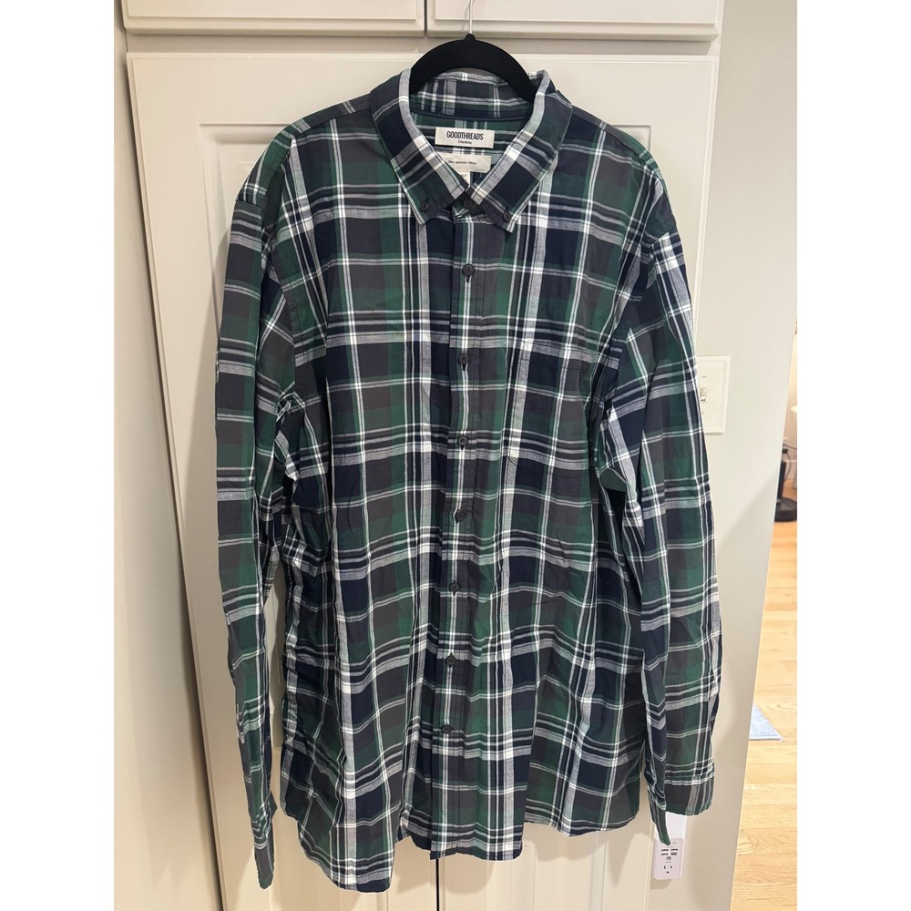 GOODTHREADS Mens XXL Tall Green Plaid Slim Fit Long Sleeve Chambray Shirt NWT